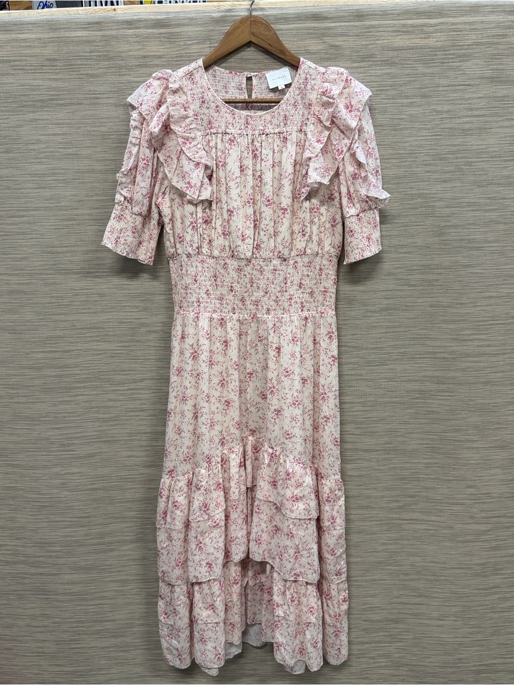 sundays Bianca Rose Floral Print Smocked Puff Sleeve Midi Dress Cottagecore M